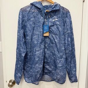 Brooks Men's All Altitude Jacket Blue Lightweight Wind Rain Hooded Sz L